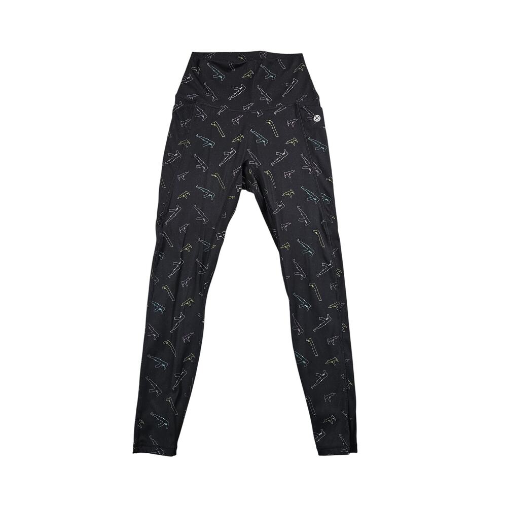 DIXXON Pew Pew Women's Leggings M Black Firearm Print High Rise Athletic Pants